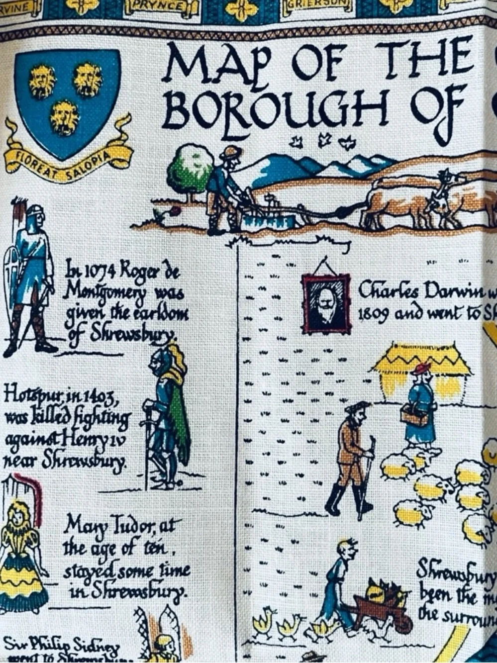Vintage Ulster Irish Linen Towel Map of Shrewsbury England